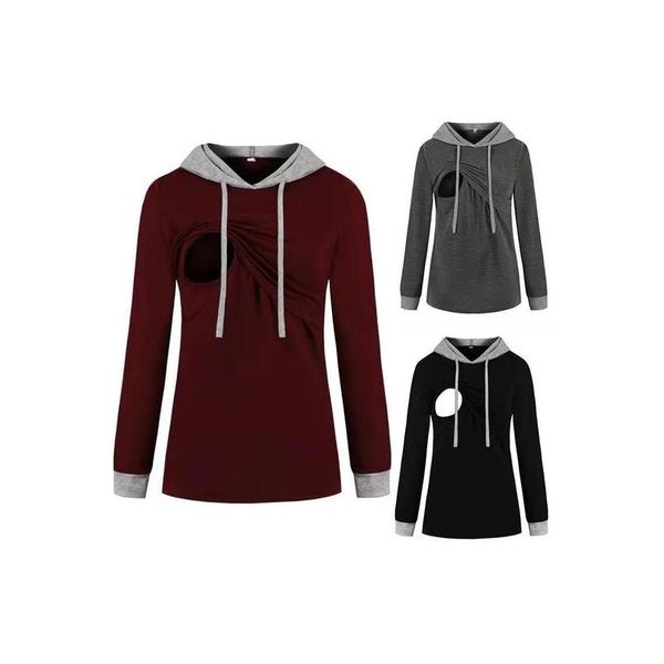 

women casual long-sleeved hooded mixed colors pregnant nursing sweatshirt, Black