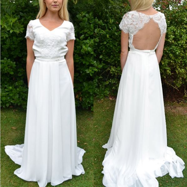 

2019 elegant chiffon lace appliques wedding dress v neck short sleeve backless floor length a line bridal gown, White