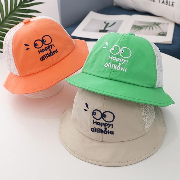 

2020 korean fashion cute baby hat letter embroidery kids bucket hat boys girls summer mesh sun hats children outdoor beach cap