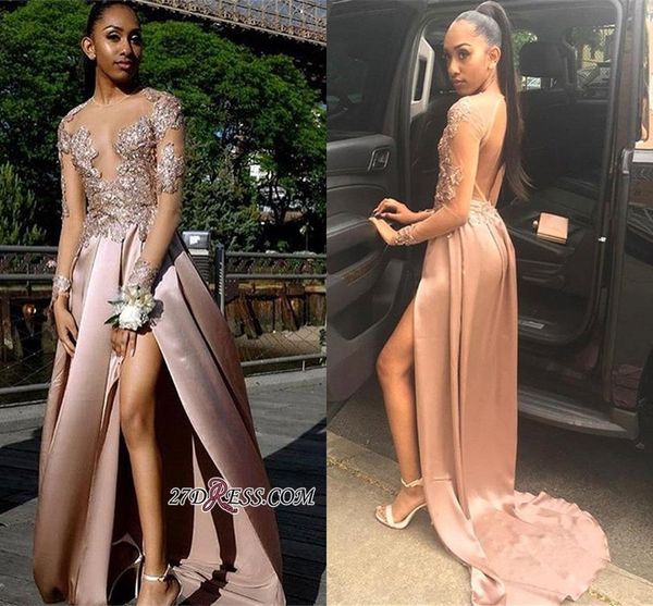 

2019 new appliqued a-line prom dress vintage backless lace long sleeve formal party ball gown custom made bc1767, Black