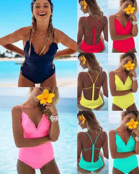 

складки дизайнер женщины летняя мода бикини one piece candy color v-образным вырезом backless bikinis, White;black