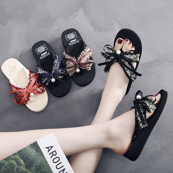 

women summer casual babouche platforms wedge heels bowknot pearl slides beach soft a flip flops slippers shoes wedge 3cm, Black