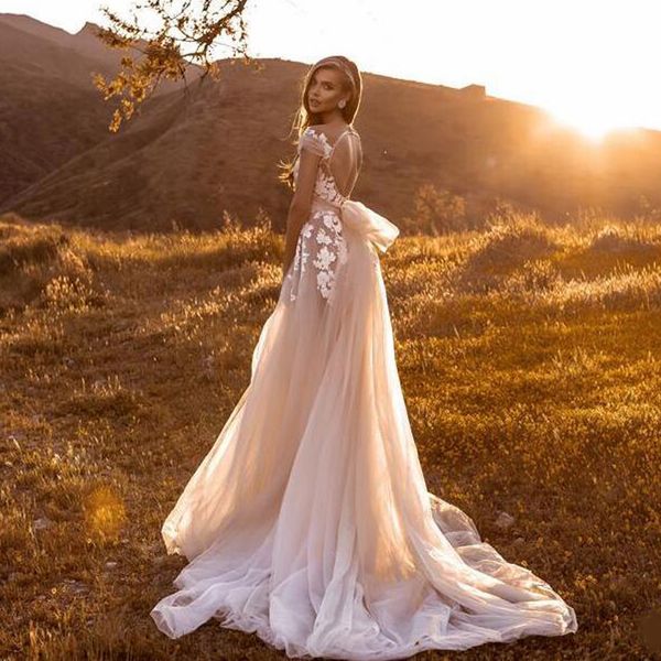 

crystal design champagne elegant capped sleeves wedding dresses bohemian beach lace appliques open back tulle bridal, White