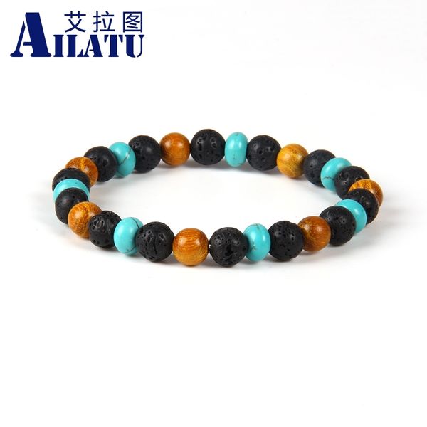 

ailatu new design wholesale 10pcs/lot 8mm lava rock stone with natural yellow wood beads lovers energy bracelet, Golden;silver