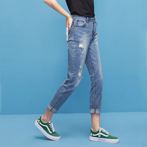 

womens designer jeans women pants 2019 autumn ripped jeans women streetwear hole bleached pants hemming loose pencil pants for female, Blue