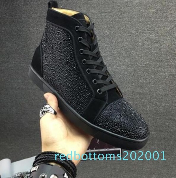 

wholesale 2019 men women rhinestone high shoes famous designer brand red bottom sneakers mens shoes with box r01, Black