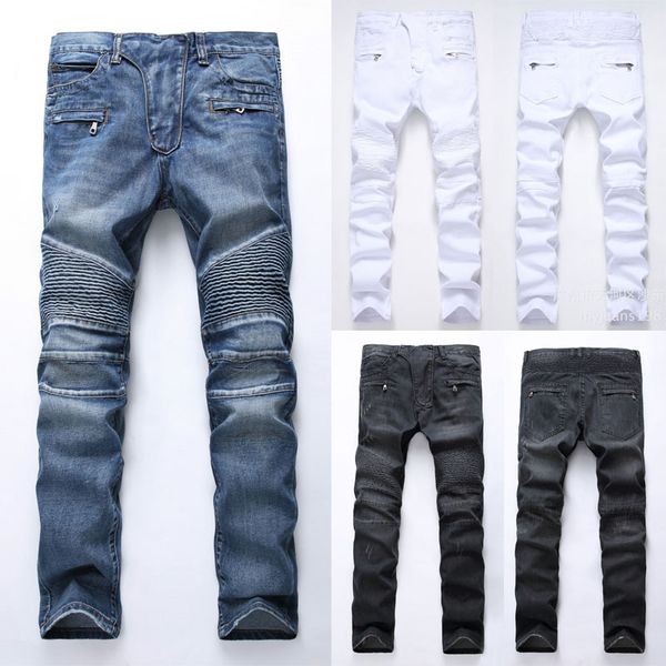 

men's jeans men skinny stretchy rip frayed stretch pant bike casual denim, Blue
