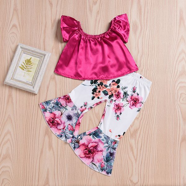 

ins2018 selling girls new floral-print bell-bottom pants + red two-piece set, White