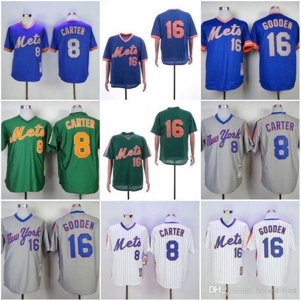 

Cheap New York news 8# CARTER 16# GOODEN White Grey Green Blue Retro Baseball News Shirt Stitched