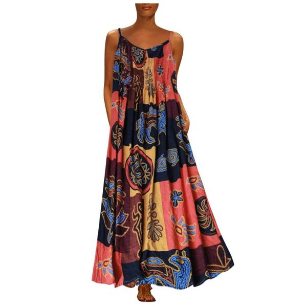 

women vintage print sleeveless o-neck straps loose mid-length dress, Black;gray