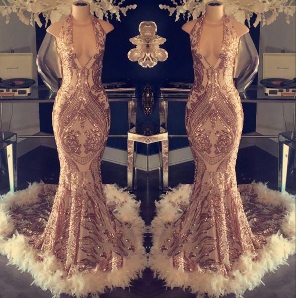 

Роскошные Холтер перо Mermaid платья выпускного вечера 2020 Блестки Lace Top Длинные вечерние платья Формальные партии знаменитости платья BC1048