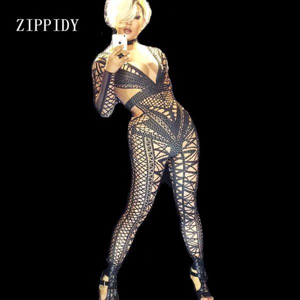 

white black nude jumpsuit costume one-piece nightclub dance bandage pattern outfit party singer stage performance wear, Black;red