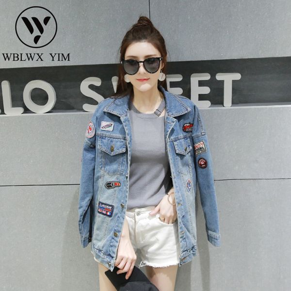 

2019 spring autumn denim jacket female fashion badge embroidery jeans jacket women single breasted plus size denim coat womens, Black;brown