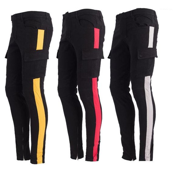 

clothing with zipper solid color casual apparel fashion mens panelled designer jeans black slim males homme, Blue