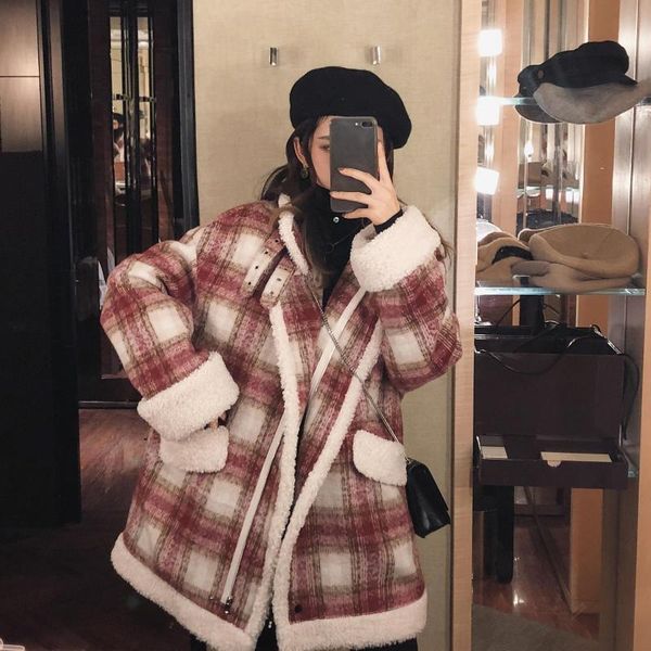 

fmfssom 2019 осень зима красный плед шерстяное пальто новая мода причинная женщин отложным воротником пальто толстые, Black