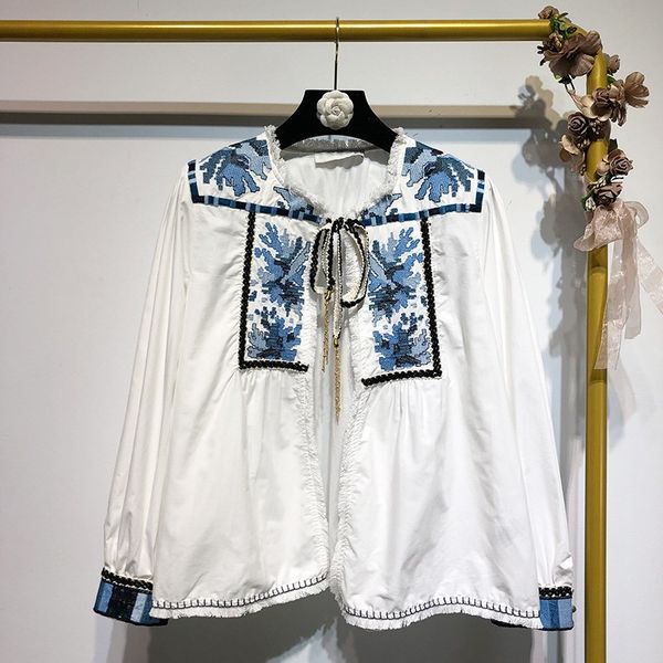 

2019 summer fashion streetwear embroidery lace-up blouse women blusas girls shirt, White