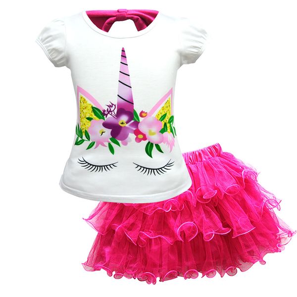 

2018 fashion unicorn suit girls short-sleeved t-shirt two-piece children's mesh dress suit unicorn party supplies 3-10t baby girl cloth, White