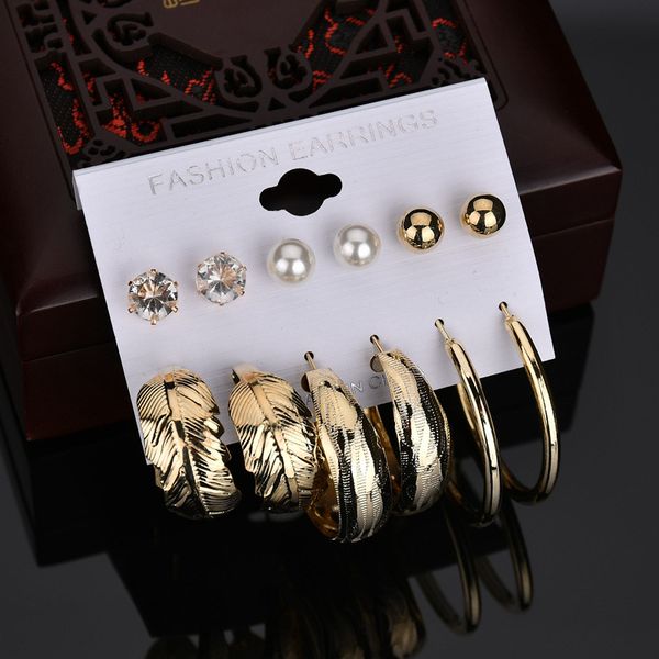 

6pair/set boemian silver gold color big hoop earrings for women cz crystal simulated-pearl earrings small jewelry christmas gift, Golden;silver