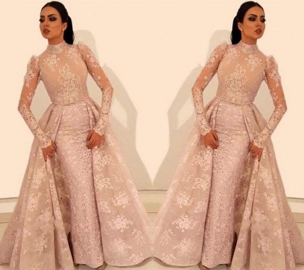 

saudi arabic long sleeve high neck evening dresses 2019 lace evening gowns appliques beaded middle east mermaid prom dresses, Black