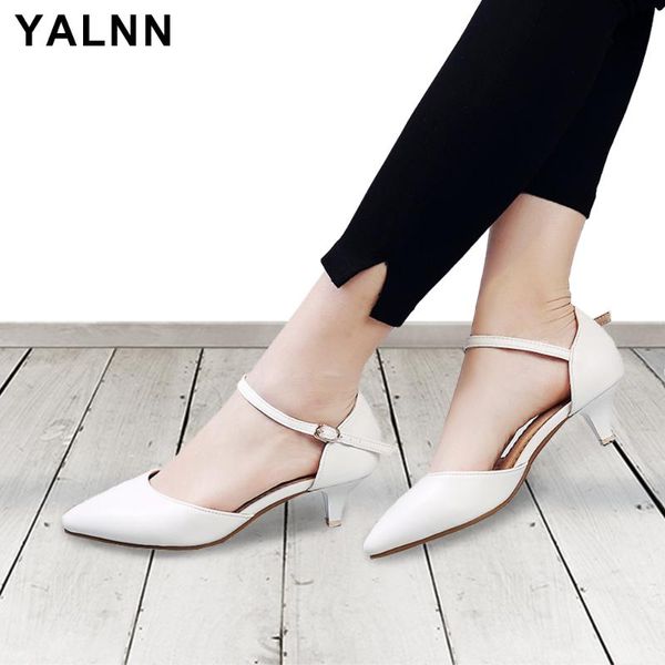 

yalnn women sandals high heels shoes ladies sumer 2020 big size leather sandals high heels peep toe ankle strap for women, Black