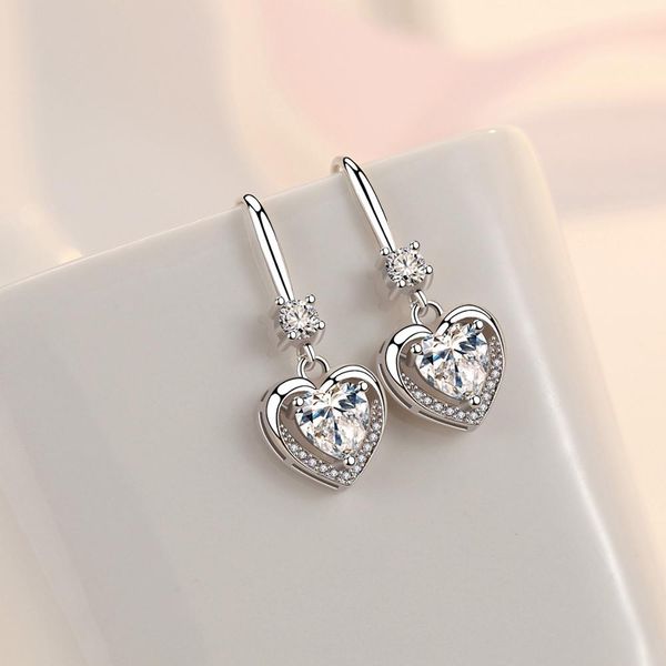 

boho female crystal white heart drop earrings fashion 925 silver zircon stone earrings small hanging dangle for women