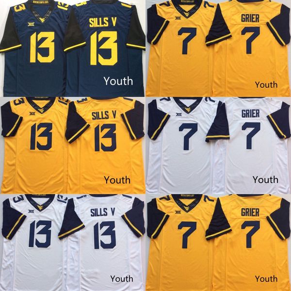 

Youth 7 Will Grier West Virginia Mountaineers 13 David Sills V WVU Blank White Blue Yellow Stitched XII College Football Jerseys