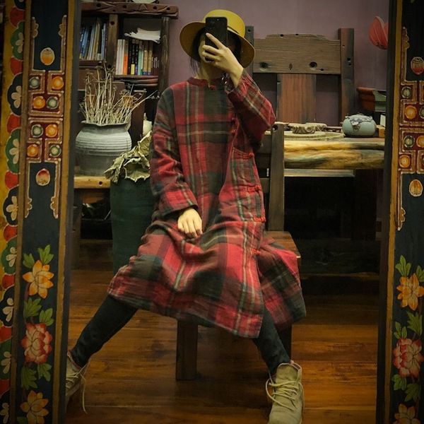 

ewq] 2020 spring autumn new pattern stand collar long sleeve hit colors plaid patchwork vintage dress women ak32603, Black;gray