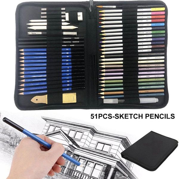 

51pcs/set drawing kit wood pencil sketching pencils art sketch painting supplies with carrying bag
