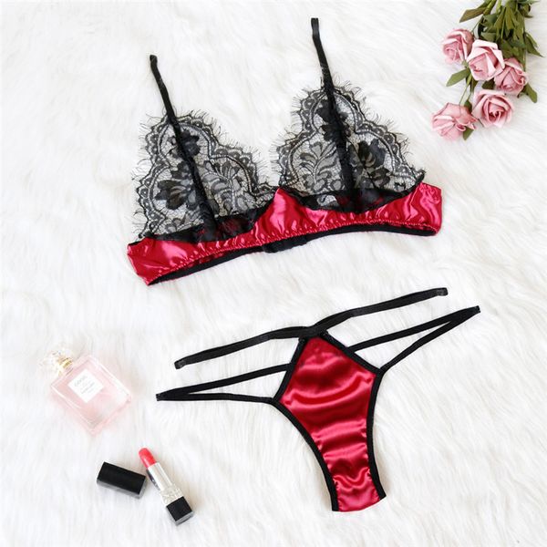 

2019 eyelash lace satin bralette sets women's lingerie satin bra & brief sets big size summer eyelash lace bra panty set, Red;black