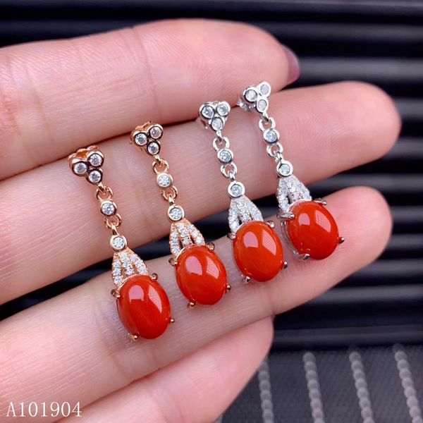 

kjjeaxcmy boutique jewelry 925 sterling silver inlaid natural red coral gemstone female luxury earrings support detection, Golden;silver