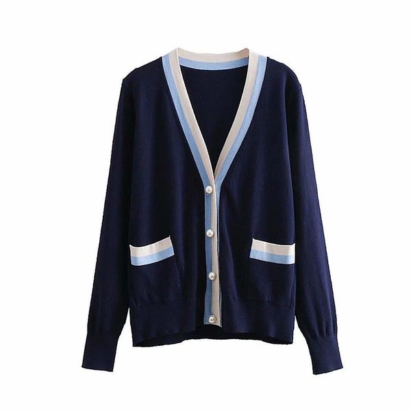 

new luxury v-neck casual coats pearl button striped panelled loose women clothing pocket knitted sweater plus size s-l, White