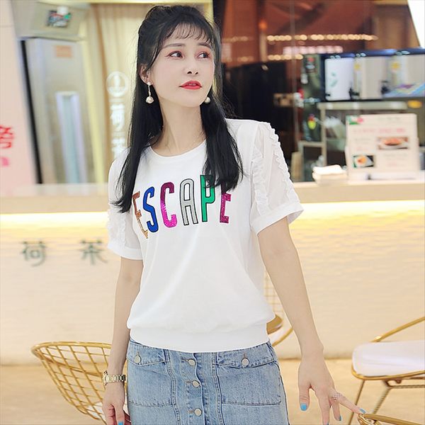 

letter embroidery transparent mesh lace short-sleeved t-shirt female summer slim fashion temperament quality style letter embroidery transpa, White