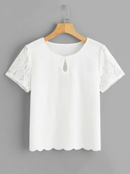 

2019 summer cotton women t shirt fashion o-neck casual solid shirt casual short lace short sleeve top, White