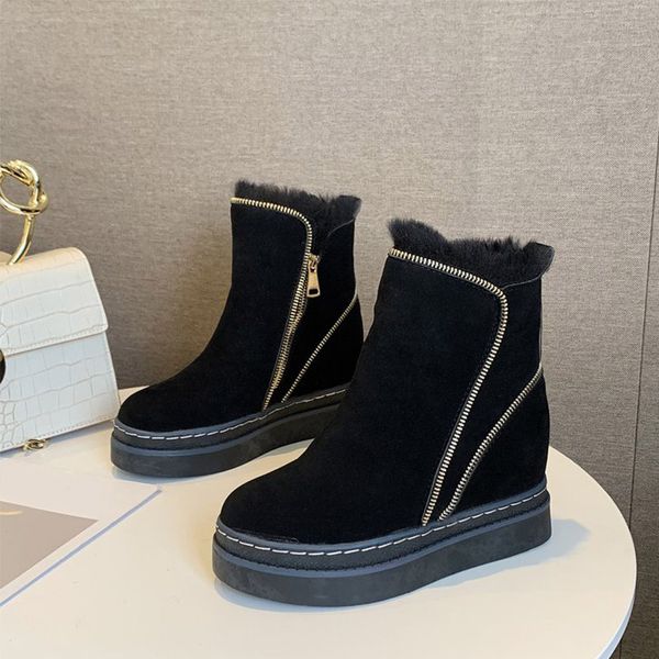 

2019 women flock side zipper ankle boots height increasing solid high heels female shoes winter plush warm ladies boots fashion, Black