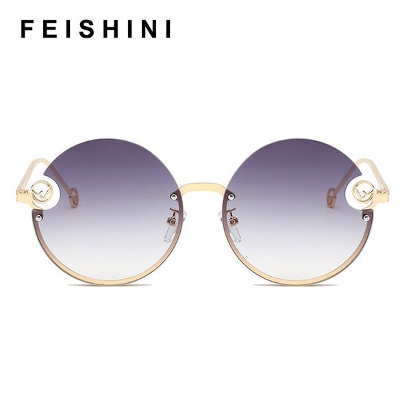 

feishini trimming metal frame round sunglasses ladies 2020 fashion rimless trendy womens glasses uv protector gradient grey, White;black