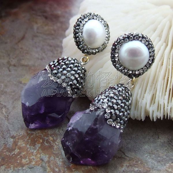 

e110612 17x29mm white pearl a1methyst rough earrings, Silver