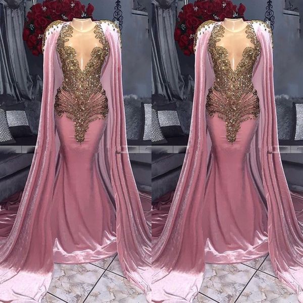

dusty pink 2020 velvet mermaid evening dresses with cape gold beaded sweep train formal dress plus size celebrity gowns, Black;red