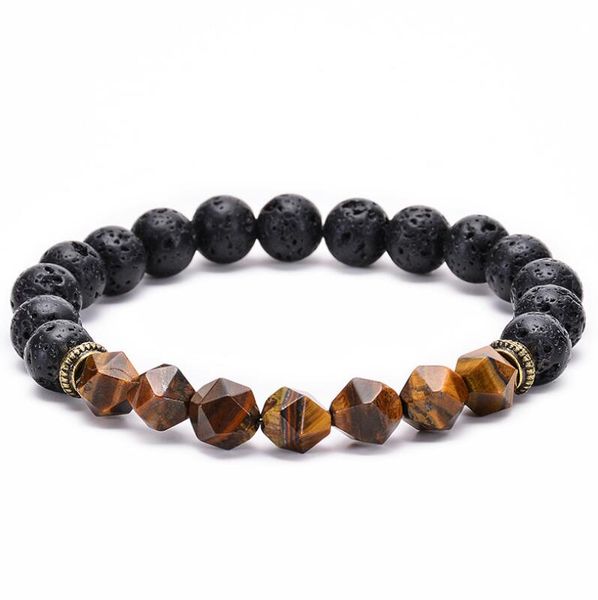 

natural cut tiger eye stone bracelet black lava volcanic stone bracelet hand beaded for men women, Golden;silver