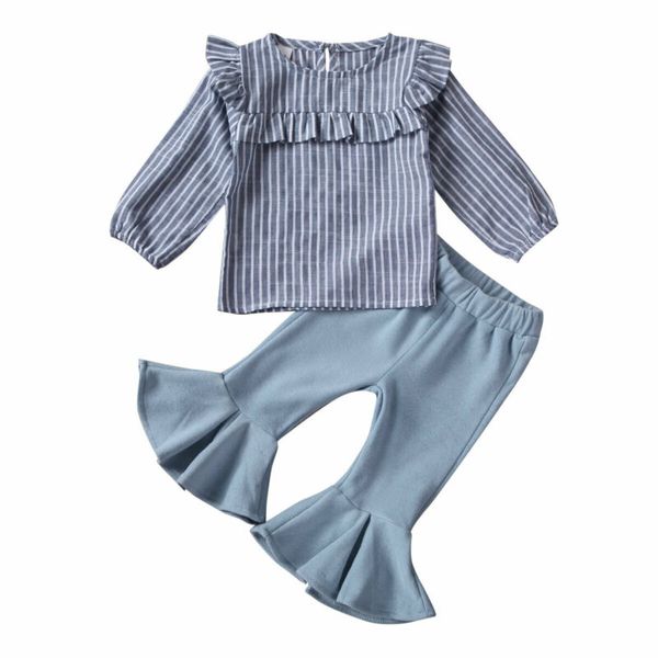 

2pcs set autumn baby girl kid striped print long -sleeve t-shirt +flared flannel pants casual outfit clothes sets, White