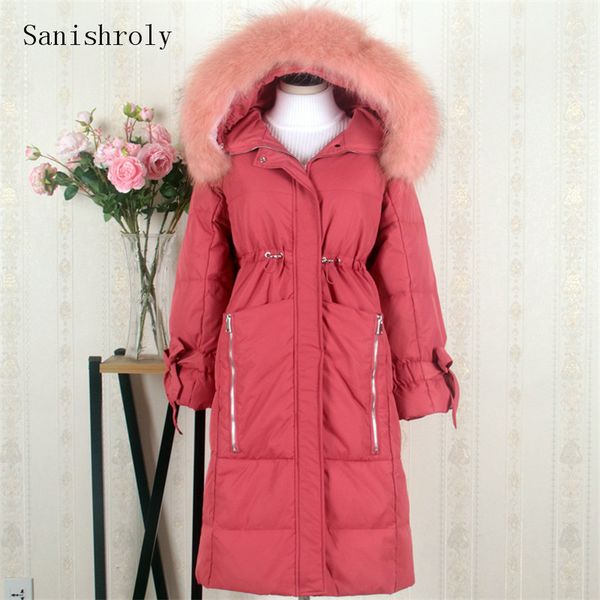 

sanishroly women long winter coat warm thick white duck down jacket parka female big fur collar hooded outerwear plus size se702, Black