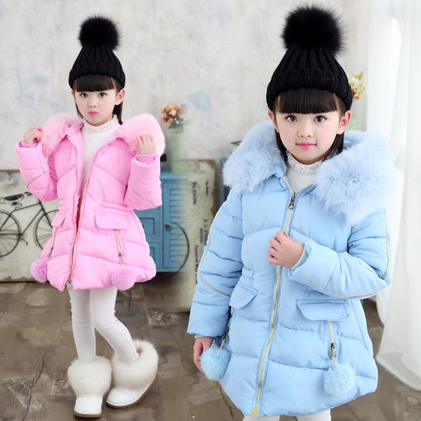 

children's fur coat girls clothing winter cotton thick padded hooded parkas teenage girls warm long coat kids clothing, Blue;gray