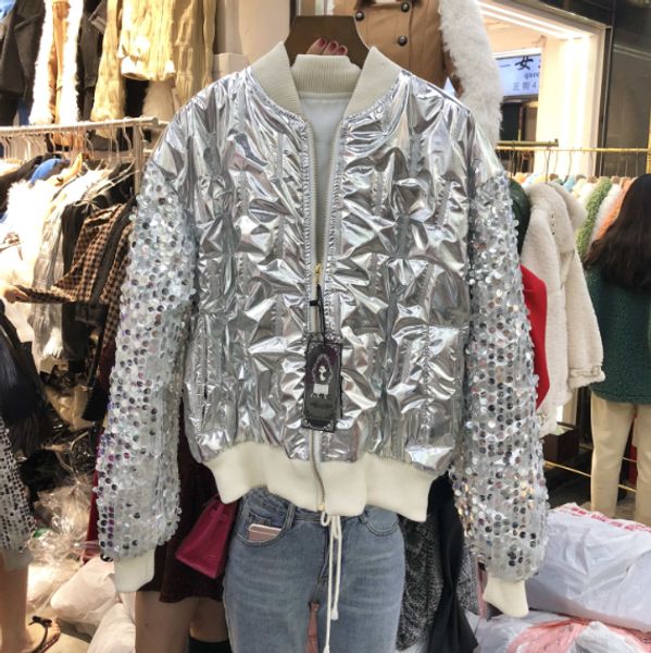 

new winter solid color metal glossy coat jacket women's colorful sequined baseball uniform short cotton-padded jacket sport coat, Black