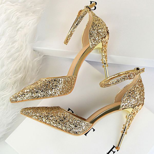 

2020 women 10cm high heels bling sandals wedding bridal scarpins metal heels sandals strap stiletto glitter gold prom pumps, Black