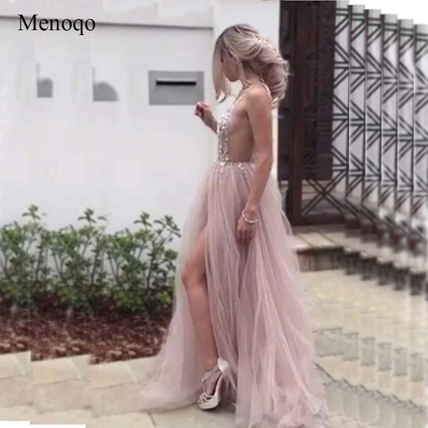 Sexy Tule Long Prom Vestidos v profundo pescoço 2019 New Arrival Backless Trem Da Varredura Frisada A Linha Especial Ocasião Evening Vestidos Custom Made