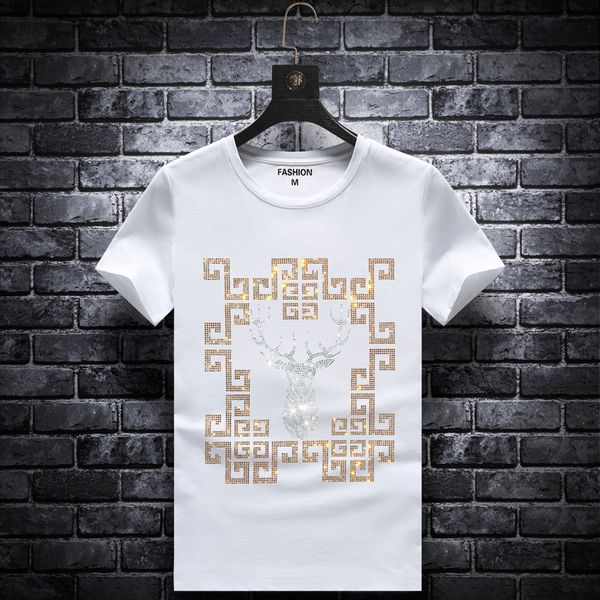 

2020 new summer rhinestone t-shirt short-sleeved male social guy spirit guy slim half-sleeved t-shirt tide diamond s-7xl, White;black