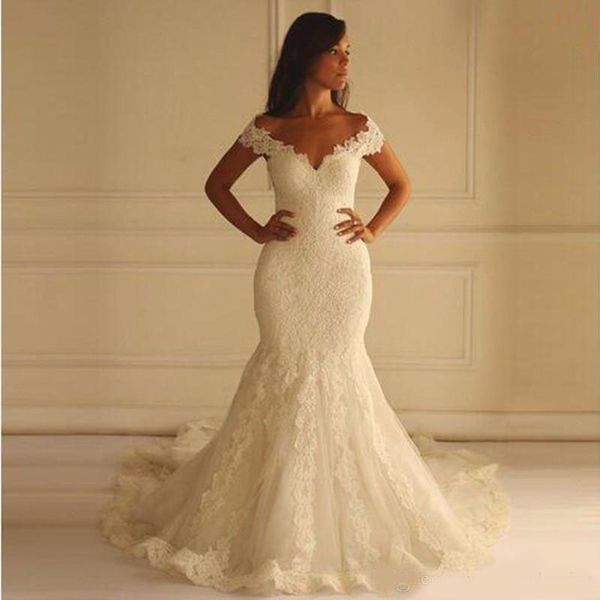 

off the shoulders mermaid wedding dresses women measurements vestidos de novia lace appliqued wedding gowns, White