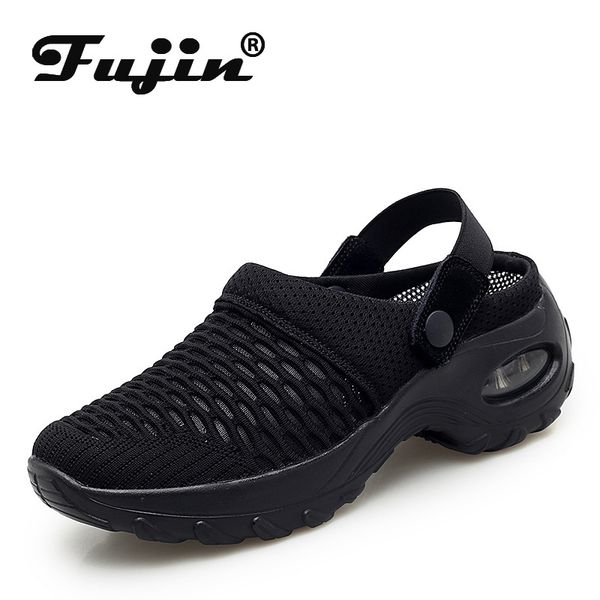 

fujin women sandals summer 2020 fashion slip on mesh breathable absorption round toe thick bottom flat buckle women shoes, Black