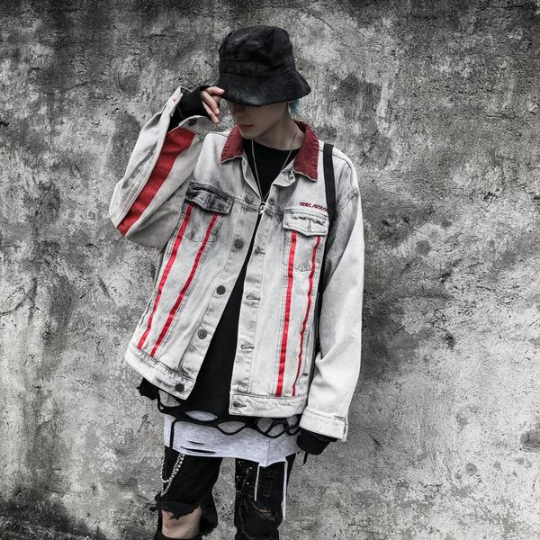 

mens red stripes ripped denim jacket mens distressed denim jean jackets male hip hop casual streetwear, Black;brown