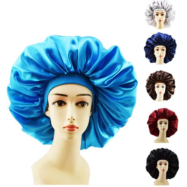 

women sleeping hat nightcap solid color soft silk wide-brimmed elastic headband shower cap satin long hair care bonnet hat accessories 2020, Yellow