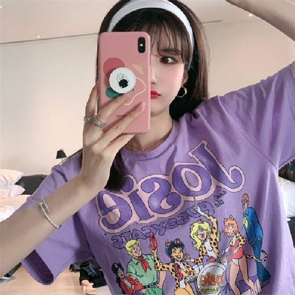 

taro purple chic hong kong style cute short-sleeved t-shirt female cartoon pattern gentle wind, White
